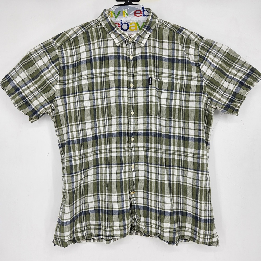 Barbour Shirt‎ Mens Large Green Plaid Linen Blend Short Sleeve Regular Fit